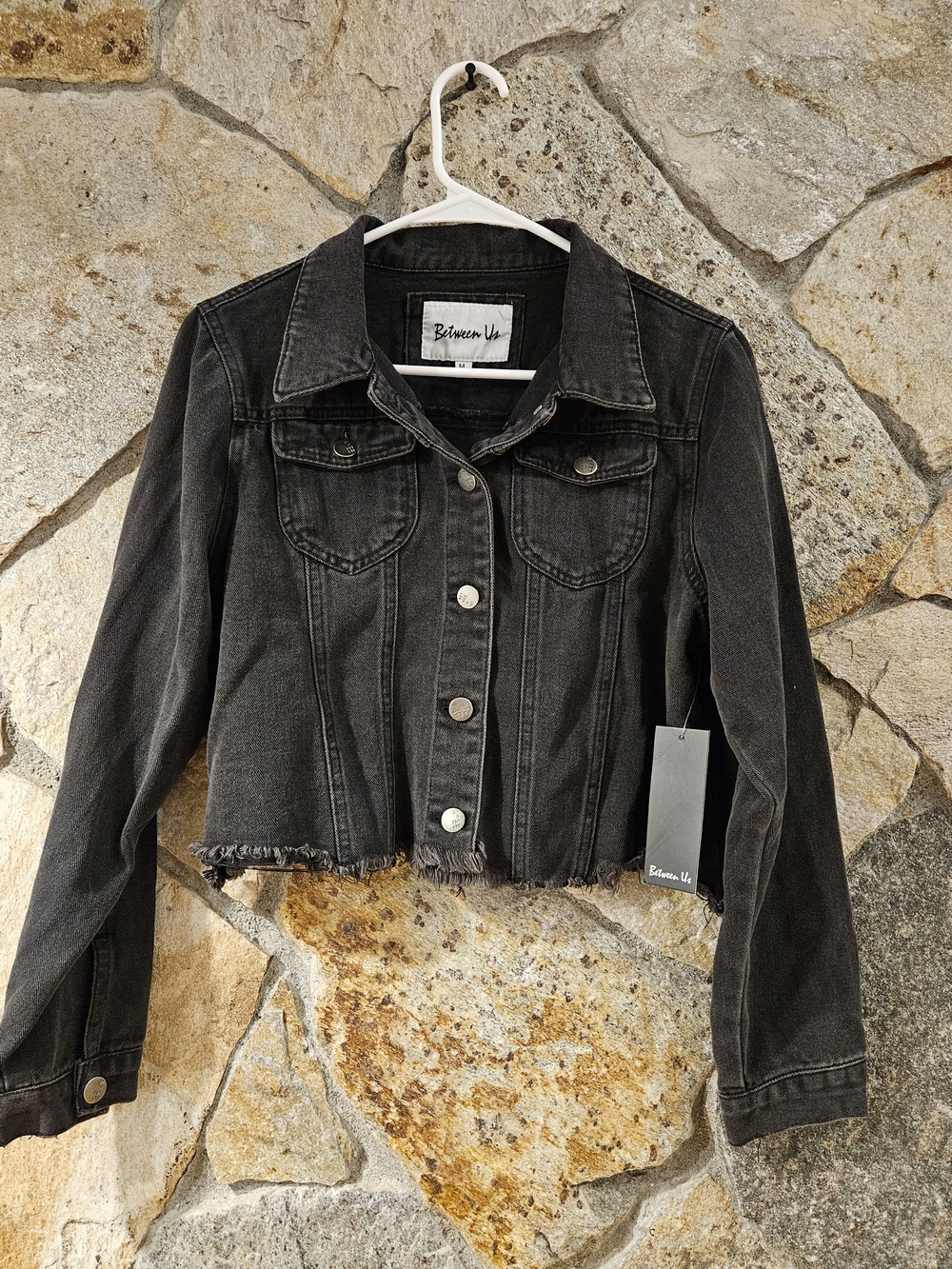 Between Us Black Cropped Denim Jacket with Frayed Hem